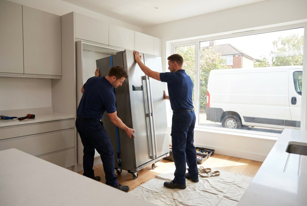 Appliance repair technicians installing a refrigerator in a bright kitchen