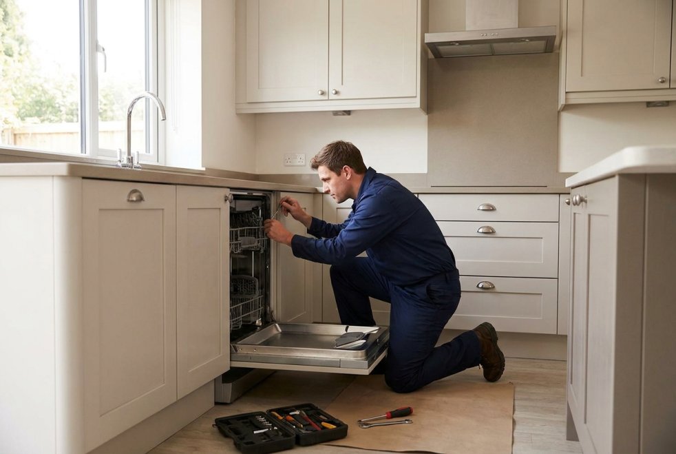 Dishwasher repair technician servicing an open dishwasher in a home kitchen with tools nearby