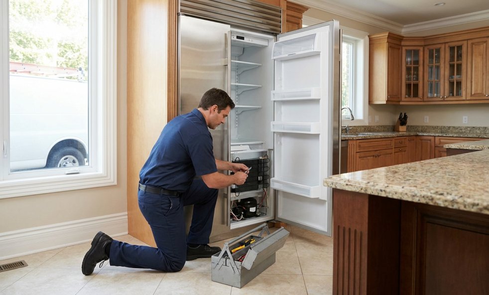 Appliance repair technician fixing an open refrigerator in a home kitchen with tools nearby