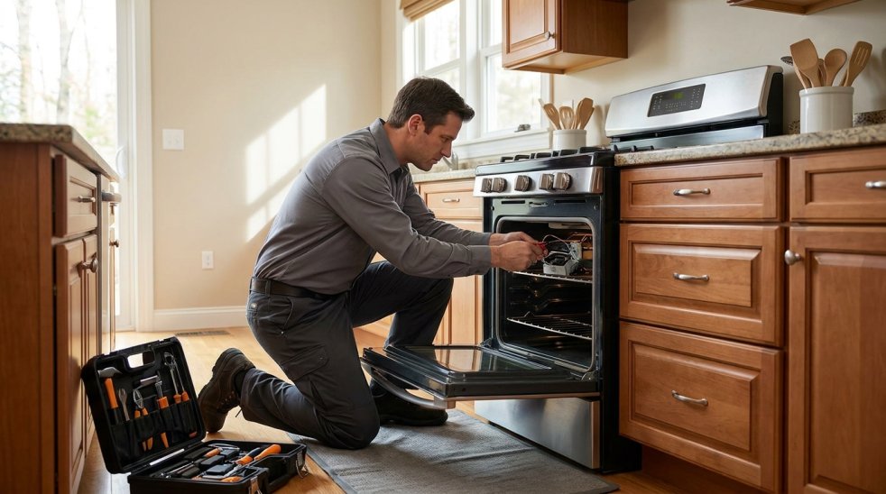 Appliance technician repairing an open oven in a residential kitchen with tools beside him