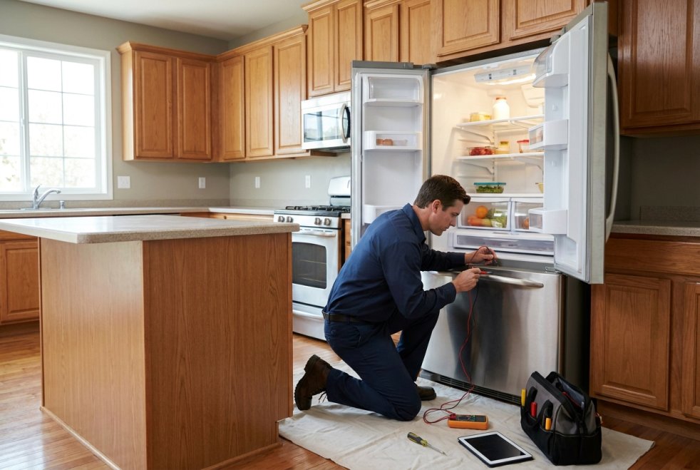 Refrigerator repair technician servicing an open fridge in a home kitchen with tools nearby